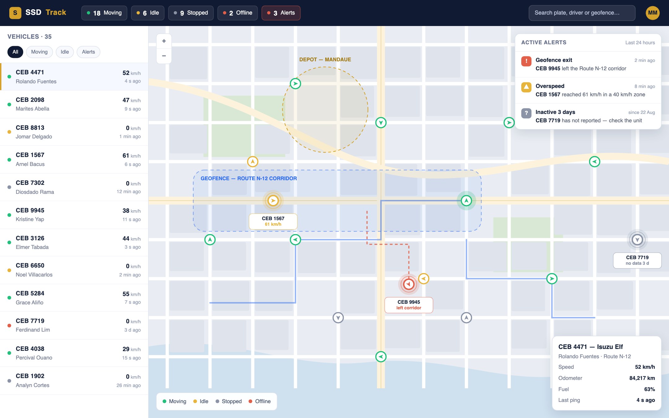 SSDTrack dashboard: vehicle list beside a live fleet map